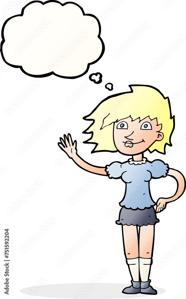 cartoon woman waving with thought bubble cartoon woman waving with thought bubble