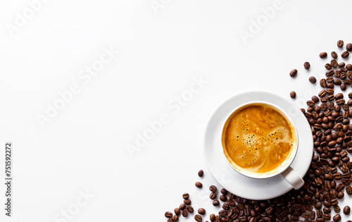 Cup of Hot Coffee and beans on White Background