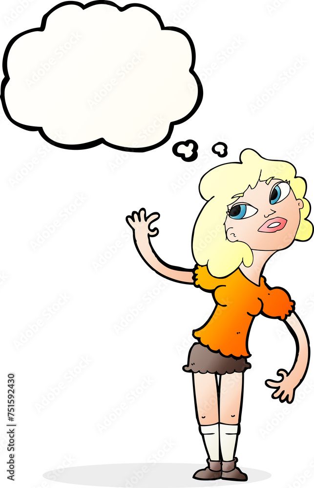 cartoon woman waving with thought bubble cartoon woman waving with thought bubble