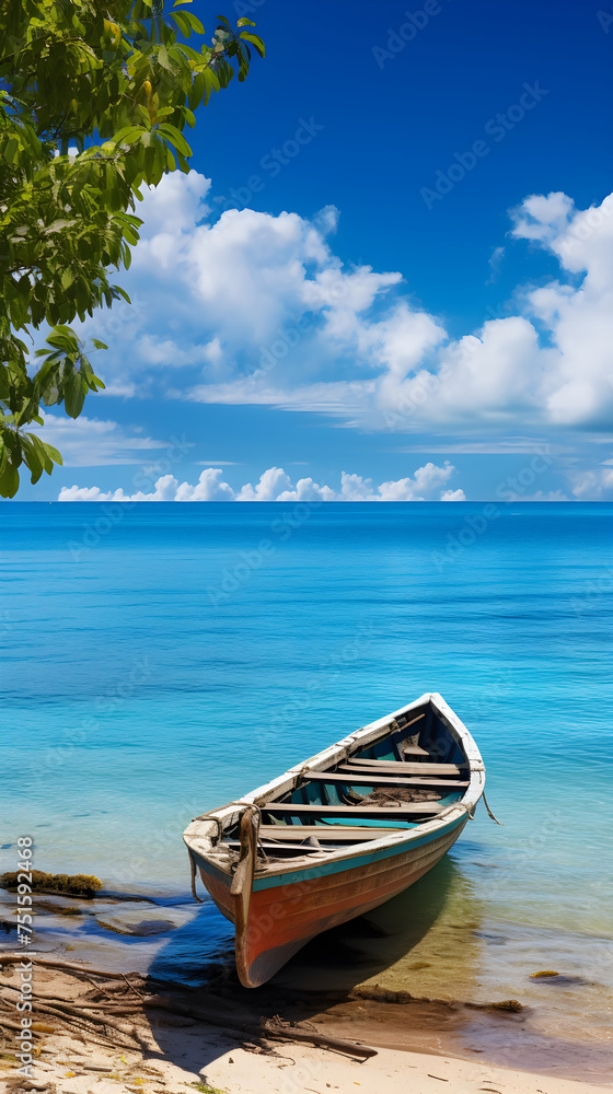 Charming Antique Boat Anchored amidst Lush Seascape - A Stunning Capture of Maritime Beauty and Tranquil Seashore