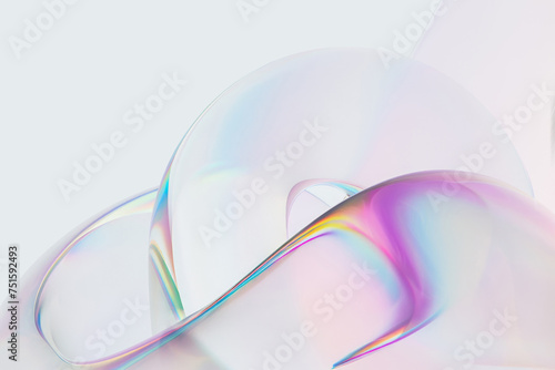 Abstract minimalist pale background with shapes made of a transparent, iridescent material. Concept of soft and relaxing visuals, calming rhythms.