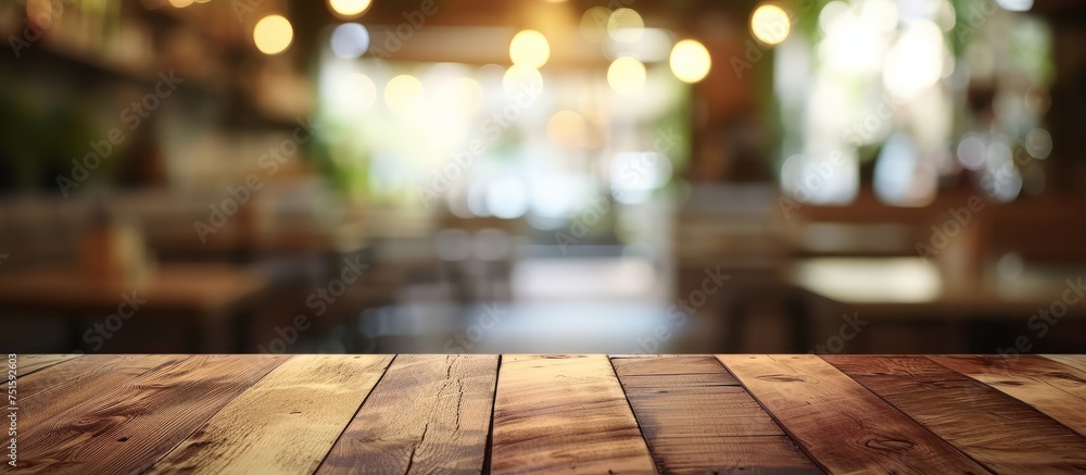 Rustic wooden table top with dreamy blurred lights background for cozy atmosphere Rustic wooden table top with dreamy blurred lights background for cozy atmosphere
