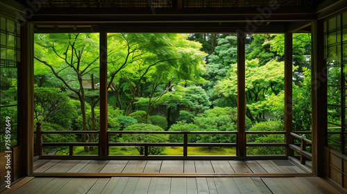 Obraz na płótnie 歴史ある日本家屋から見える新緑の日本庭園 w salonie
