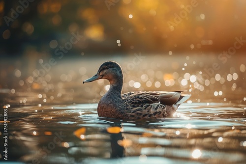A duck swims in a pond on an autumn day