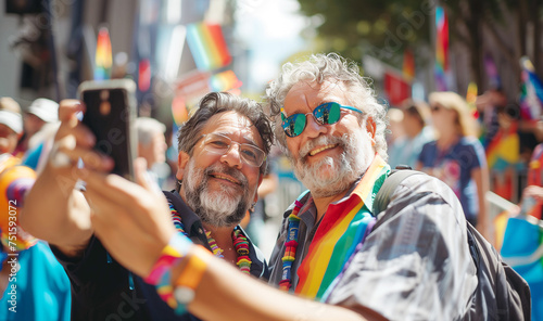 Portraits of middle aged men couple with gray beards cheerfully make selfies, laughing while they celebrating Pride Day Parade in participants crowd. People dressed colorful Rainbow LGBT flag colors.