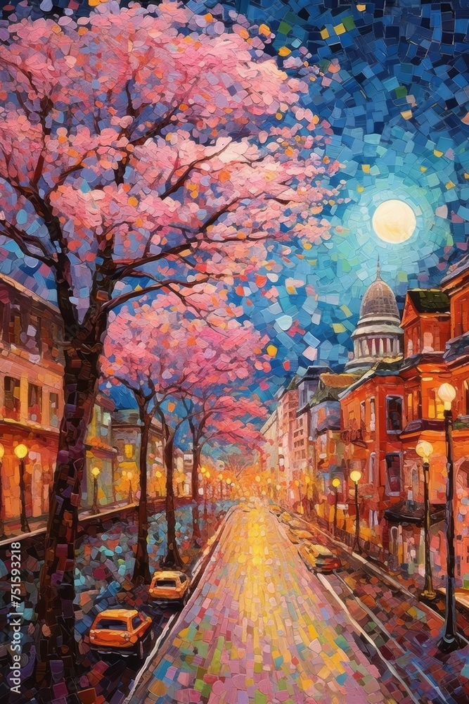 Fototapeta premium Illustration of beautiful city at night by mosaic paint style Created with Generative AI technology.