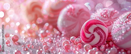 Close-up of a glistening pink lollipop with sugar beads on a bokeh background creating a delightful candy land scene.