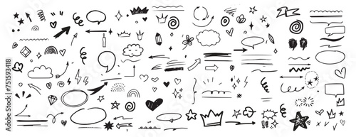 Sketch line arrow element, star, heart shape. Hand drawn Doodle sketch style circle, cloud speech bubble grunge element set. Arrow, star, heart brush decoration. Vector illustration.
