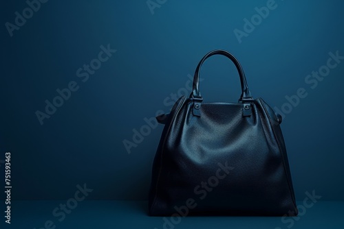 A chic black handbag stands out against a vibrant blue background, showcasing timeless style and sophistication.