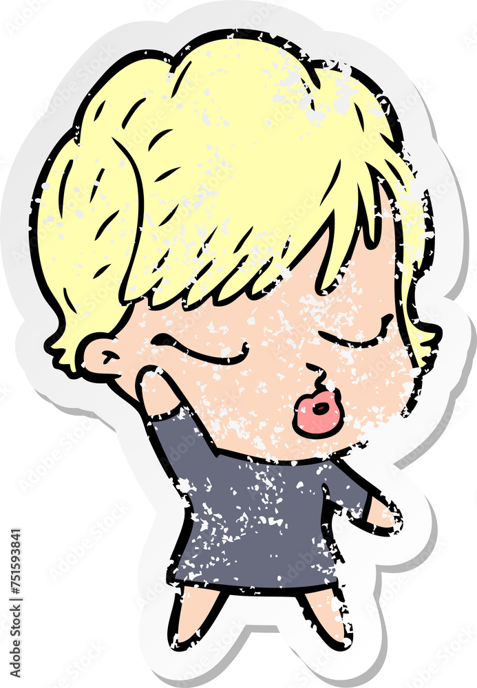 distressed sticker of a cartoon woman with eyes shut distressed sticker of a cartoon woman with eyes shut