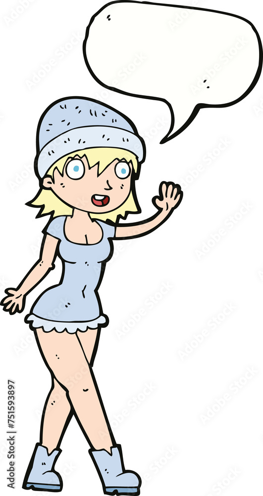 cartoon pretty girl in hat waving with speech bubble cartoon pretty girl in hat waving with speech bubble