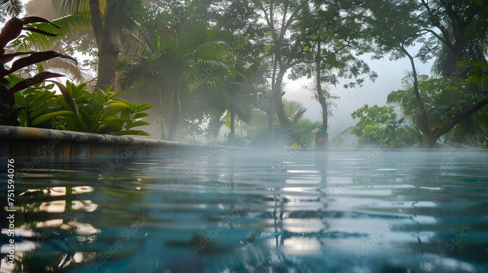 Early morning laps in a mist-covered pool - obrazy, fototapety, plakaty 