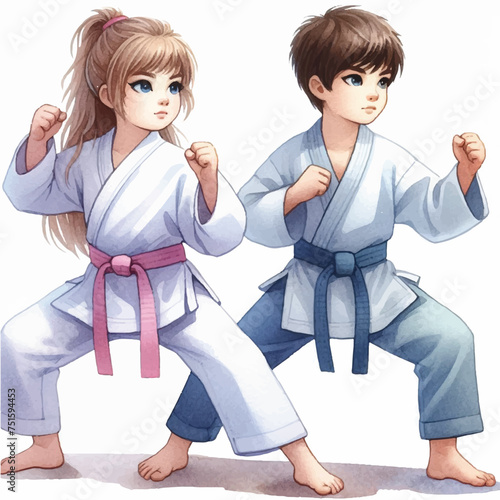Karate kids in kimono training taekwondo 