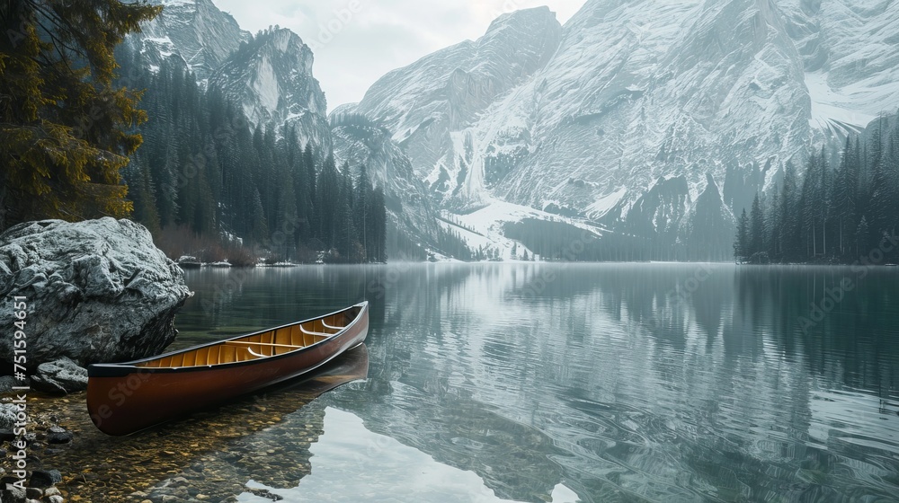 Tranquil Journey in Canoe Through Lake Mirroring Alpine Mountains and Lush Woodlands Tranquil Journey in Canoe Through Lake Mirroring Alpine Mountains and Lush Woodlands