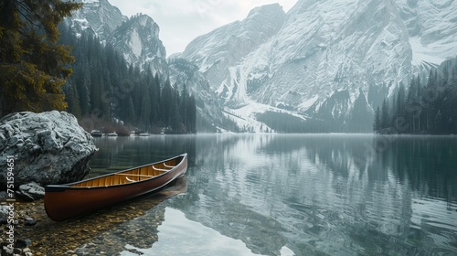 Tranquil Journey in Canoe Through Lake Mirroring Alpine Mountains and Lush Woodlands