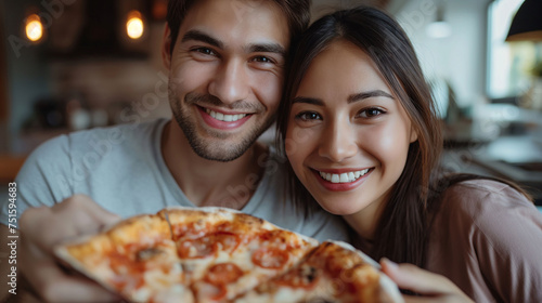 Happy young couple sharing a pizza in a cozy restaurant setting.