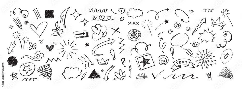 Abstract arrows, ribbons, crowns, hearts, explosions and other elements in hand drawn style for concept design. Doodle illustration. Vector illustration.