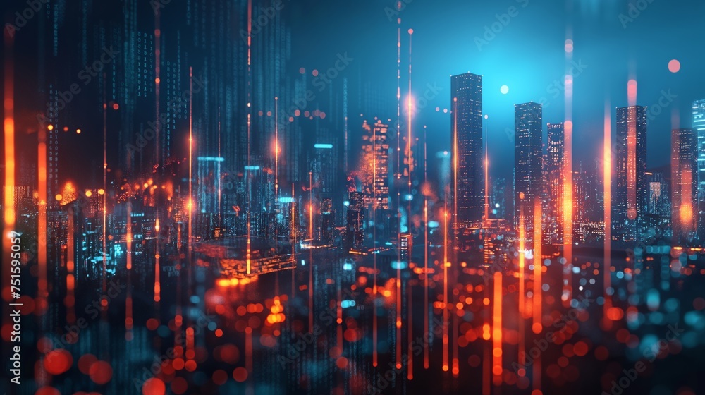 Fototapeta premium bar, chart, financial, graph, statistic, analysis, background, invest, candleholder, currency. skyscrapers cityscape buildings. beautiful real estate. forex financial graph and chart hologram.