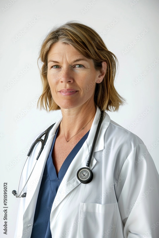 In this expertly crafted photograph, a distinguished female doctor in her 40s stands facing forward, exuding confidence in her traditional white coat against a minimalist white background In this expertly crafted photograph, a distinguished female doctor in her 40s stands facing forward, exuding confidence in her traditional white coat against a minimalist white background