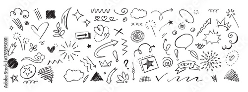 Abstract arrows  ribbons  crowns  hearts  explosions and other elements in hand drawn style for concept design. Doodle illustration. Vector illustration.