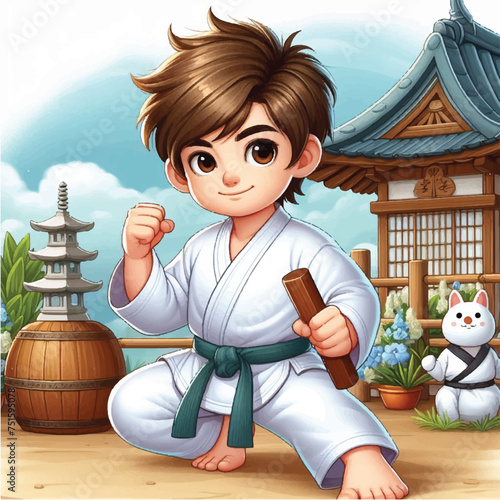 Karate kid in kimono training taekwondo 