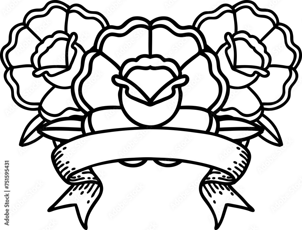 black linework tattoo with banner of a bouquet of flowers black linework tattoo with banner of a bouquet of flowers