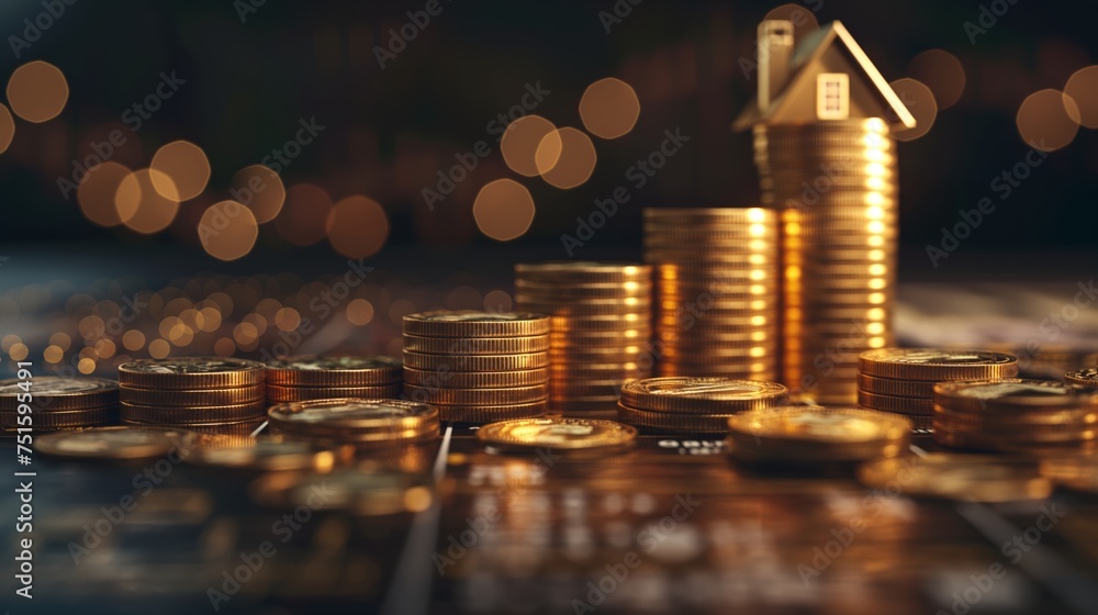 coin, mortgage, currency, finance, home, house, investment, property, real estate, wealth. houses with a lot of coin stack, idea for property investment, income, tax, and passive income, generative ai - obrazy, fototapety, plakaty 