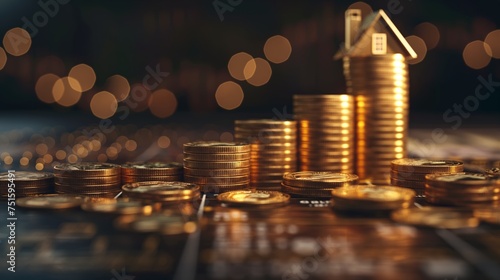 coin, mortgage, currency, finance, home, house, investment, property, real estate, wealth. houses with a lot of coin stack, idea for property investment, income, tax, and passive income, generative ai photo