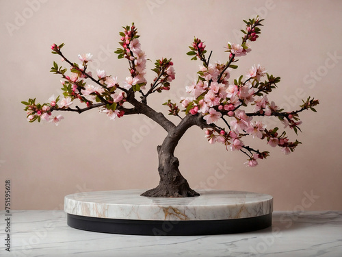 Marble podium for product display surrounded by spring flowering Sakura branch with pink blossom flowers on neutral background. Front view