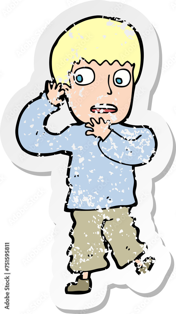 retro distressed sticker of a cartoon frightened boy retro distressed sticker of a cartoon frightened boy