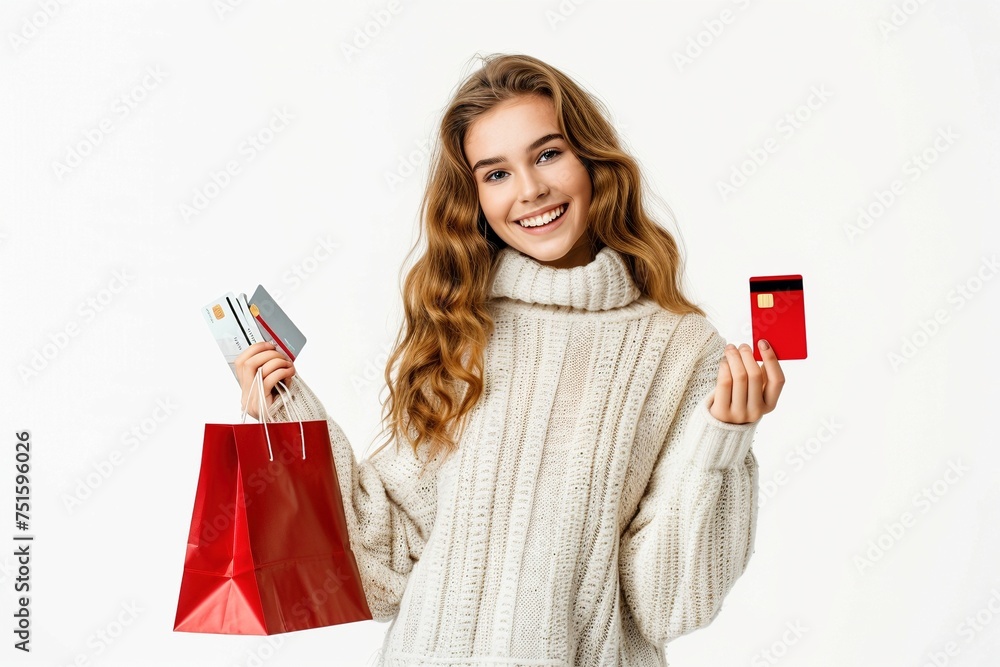 A joyful girl smiles as she holds gift bags in one hand and a credit card in the other against a crisp white background, radiating excitement for the gift-giving occasion A joyful girl smiles as she holds gift bags in one hand and a credit card in the other against a crisp white background, radiating excitement for the gift-giving occasion