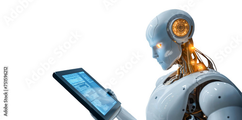 A modern, elegant autonomous humanoid robot that programs itself autonomously via a tablet. Isolated in front of a transparent background.