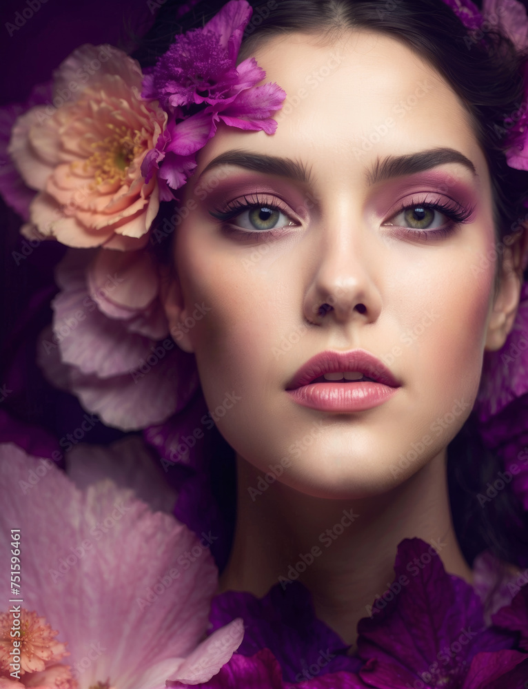 Portrait of a beautiful woman with bold purple flower petals on her face against dark background. Elegant blooming violet makeup and beauty aesthetic.