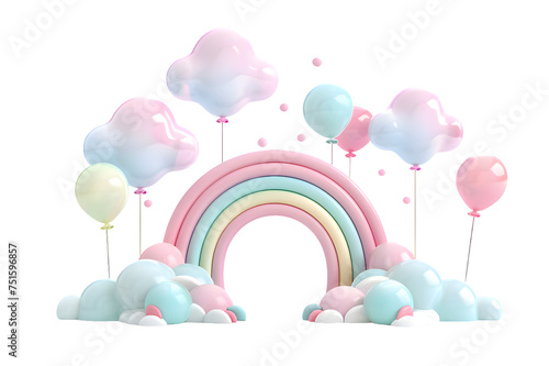 3D Colorful rainbow clouds and Birthday balloons arc podium isolated on transparent background