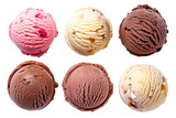 Four different ice cream balls or scoops isolated on white background. Vanilla, strawberry, chocolate, and caramel flavors.