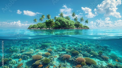 A split view of a tropical island and coral reef with water lines