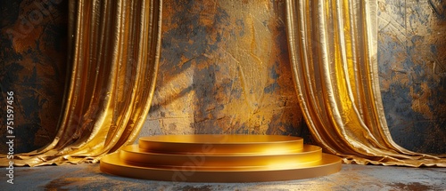 Stunning 3D rendered luxury podium adorned in elegant silk gold fabric for product display, with a backdrop of opulent gold curtains and timelessly refined elegance. photo