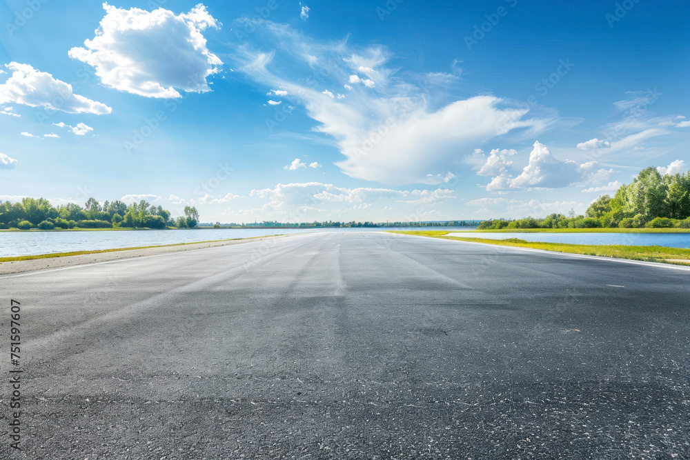 Fototapeta premium Empty asphalt road near the lake under blue sky.