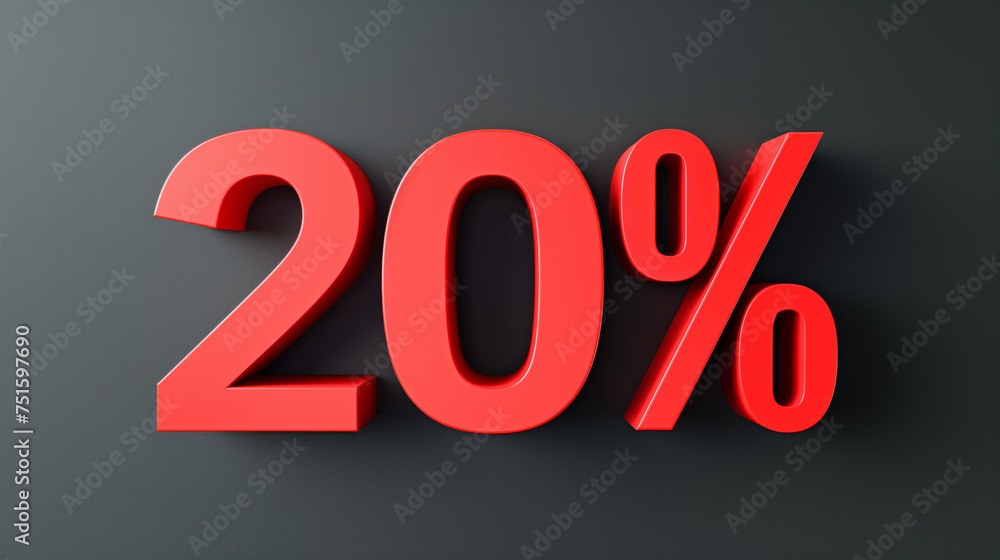 3D images of 20% red coloured numbers on a dark background 3D images of 20% red coloured numbers on a dark background