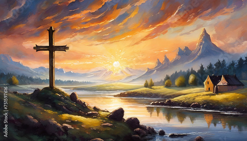 Detailed oil painting of landscape with religious Christian cross on top of mountain at sunset. photo