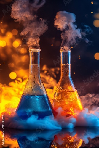 Three colorful lab flasks emit smoke, showcasing a vibrant chemical reaction under dim
