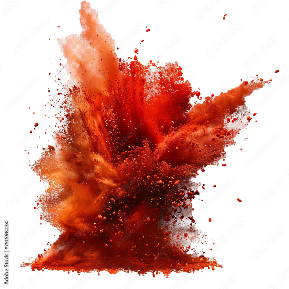 Splashes of seasoning, red dust or paint isolated on transparent background,  realistic illustration of ground chilli pepper, paprika, and red spice powder. - obrazy, fototapety, plakaty 