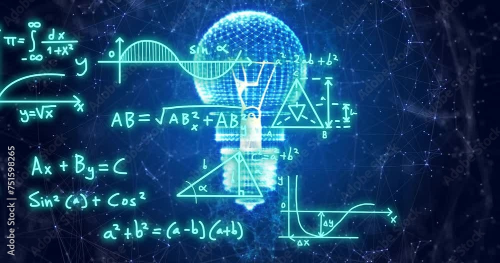 Animation of mathematical equations over light bulb and networks on dark background Animation of mathematical equations over light bulb and networks on dark background