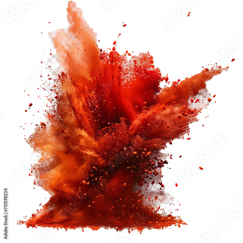 Splashes of seasoning, red dust or paint isolated on transparent background,  realistic illustration of ground chilli pepper, paprika, and red spice powder.