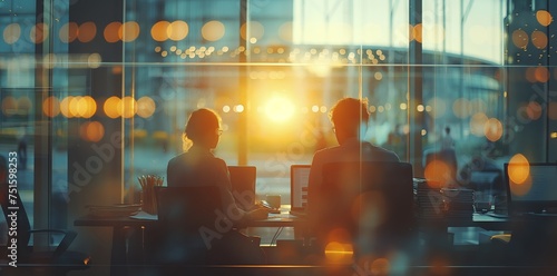 business, office, blur, interior, abstract, indoor, meeting, background, blurred, discussing. two silhouettes of businessmen in a modern office discussing further and new deals business. Generative Ai