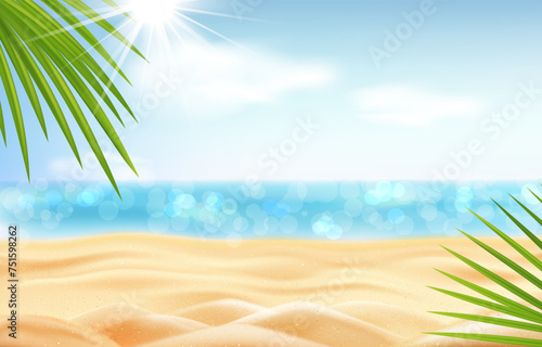 Summer seascape, sunny sandy beach with sky and clouds, bright sun illuminates the sand and sea water. Vector.