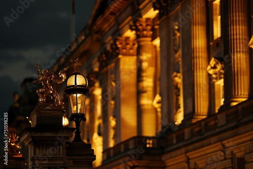 A nocturnal perspective of a grand Palace situated in the UK, bathed in gentle, natural light, depicted in a close-up composition.