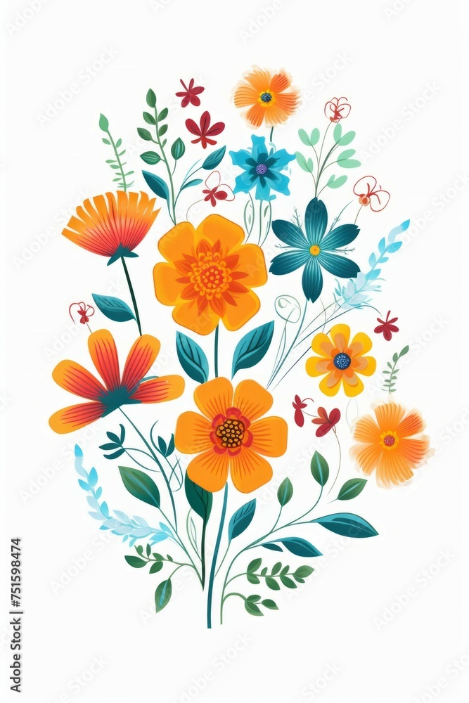 Flower floral and leaves in vector style on white background Created with Generative AI technology. Flower floral and leaves in vector style on white background Created with Generative AI technology.