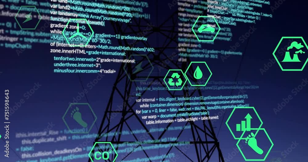 Animation of energy icons and processing data over electric pylon in sunset landscape Animation of energy icons and processing data over electric pylon in sunset landscape