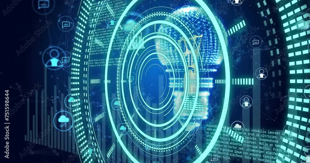 Animation of circular scanner and data processing, light bulb and networks on dark background Animation of circular scanner and data processing, light bulb and networks on dark background